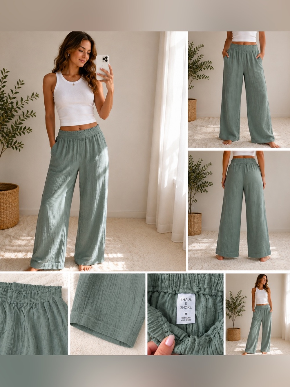 Shade & Shore Sage Green Wide-Leg Cotton Blend Pants